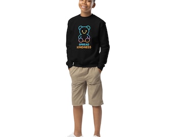 Sudadera juvenil con el lema "Difunde la bondad", diseño de oso, ideal para regalar. Diseño con estética gamer. Cuello redondo.