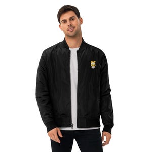 Men’s Black Bomber Jacket – Recycled Lightweight Jacket with Cute Tiger Embroidery, Eco-Friendly Streetwear