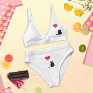 cute cat bikini set women swimwear | recycled high waisted swimsuit | summer beachwear by funny tees