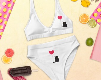 cute cat bikini set women swimwear | recycled high waisted swimsuit | summer beachwear by funny tees