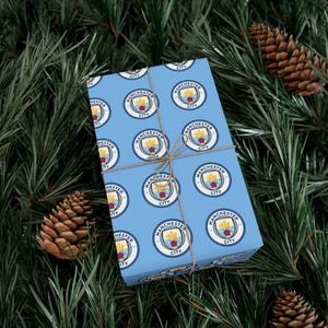 Manchester City Gift Wrap; Football & Soccer Wrapping Paper, Club Merchandise for Birthdays, Christmas, Holidays, UK, Merch, Sports, Prem