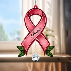 Breast Cancer Ribbon Acrylic with Charm,Personalized Pink Ribbon Hanging,Window Decor Charm,Cancer Awareness Gift,Custom Name Cancer Hanging