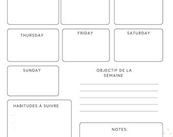 Op de afbeelding: Een witte weekplanner met een turquoise en blauw ontwerp. De planner bevat secties voor elke dag van de week, een ruimte voor het weekdoel, een sectie voor te volgen gewoonten en een notitiesectie. De tekst "WEEKLY Planner" staat bovenaan.