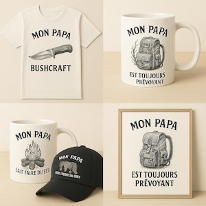 7 illustrations Fête des Pères Style Nature – PNG Vintage Noir & Blanc | Utilisable pour tee-shirt, mugs, affiches, cartes...