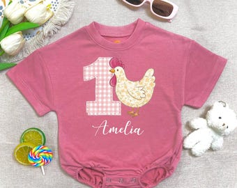 This Chick is One Farm Baby Romper, Custom Name 1st Birthday Outfit