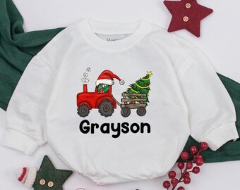 Personalized Christmas Baby Romper: Red Tractor, Holiday Outfit