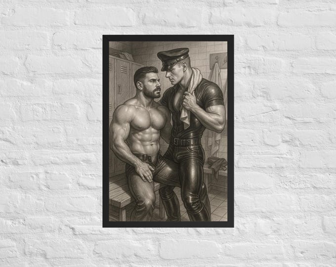 Poster incorniciato - La disciplina inizia negli spogliatoi - muscolo - Tom of Florence - gay