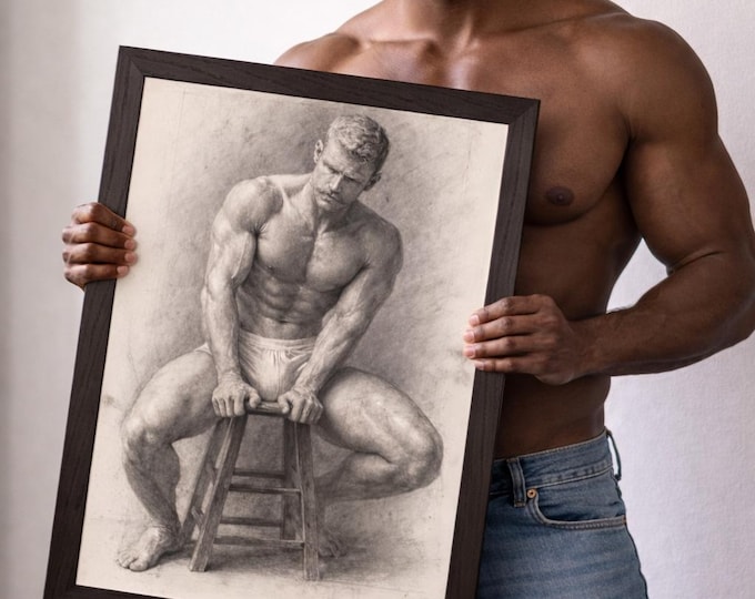 Academic Male Nude Study (Seated Pose) - Premium Wooden Framed Poster With Museum-Quality Matte Paper - Tom of Florence - Gayart
