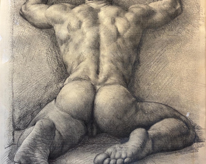Die Mauer - Male Figure - Butt – Gay Art - Original male nude body drawing in graphite on paper – Tom of Florence