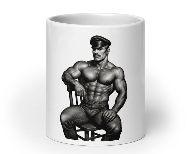 White glossy mug - Leather Confidence - muscle - Tom of Florence