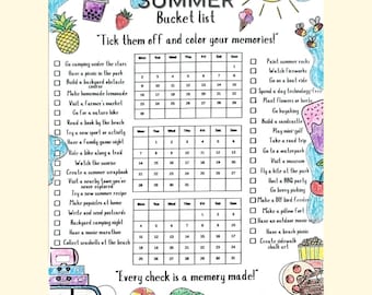 Sommarens bucketlist för barn – Utskrivbart aktivitetsblad | Rolig målarbild | Direkt nedladdning