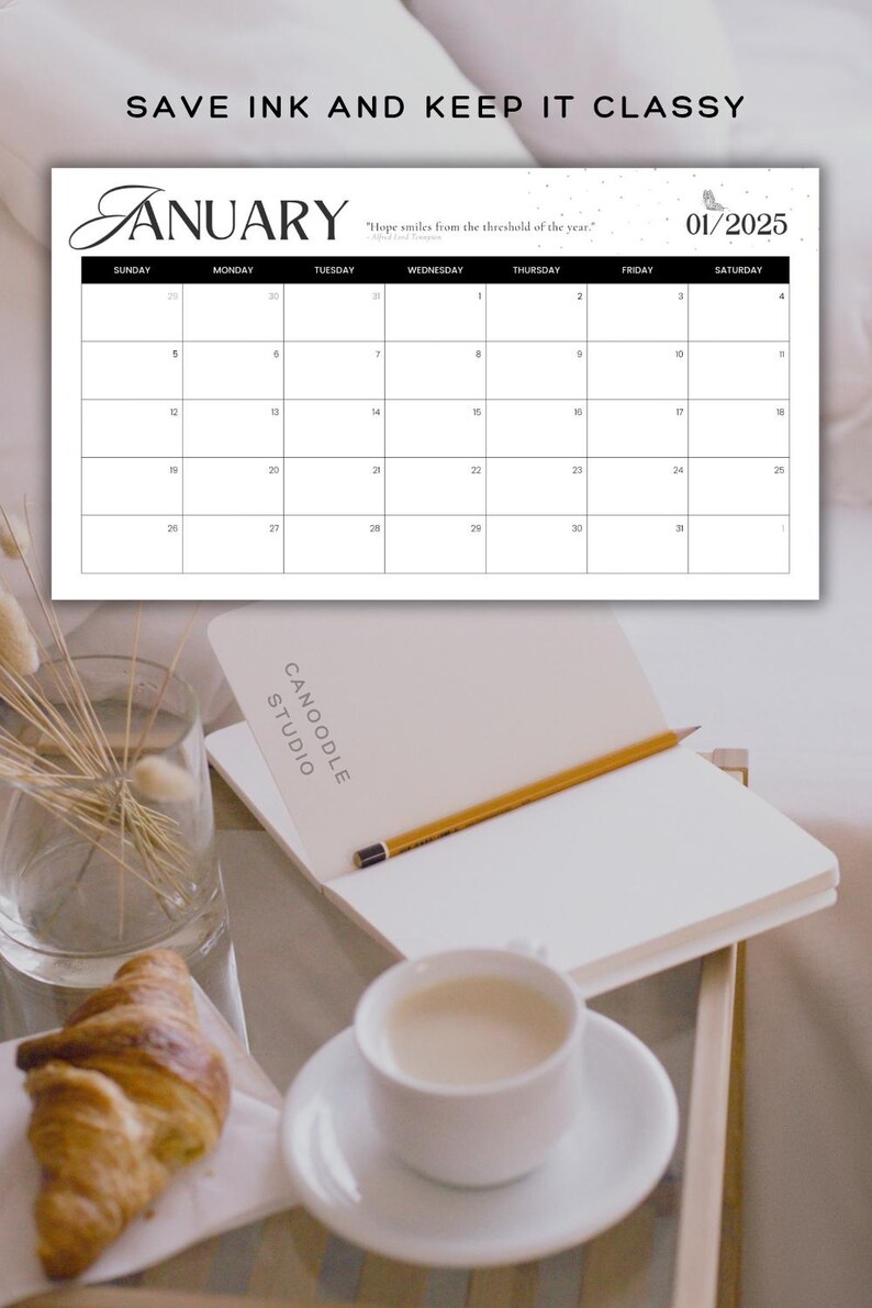 Minimalist 2025 Printable Calendar | Black and White Monthly Wall ...