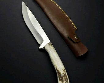 Handmade Hunting Knife with Antler Handle & Leather Sheath | Fixed Blade Bushcraft Knife | Custom Outdoor Camping Knife | Gift for Him