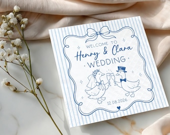 Personalisierte Enten-Hochzeitsservietten, Cocktailservietten mit blauer Schleife, niedliche Dekoration für die Brautpaar-Hochzeitsfeier, individuelle Gastgeschenke