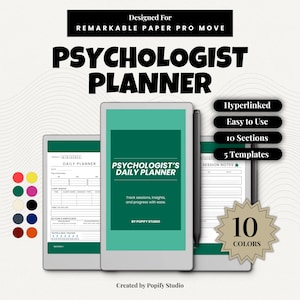 Puede incluir: Un planificador de psicólogo digital con un diseño verde y blanco. El planificador incluye 10 colores, 10 secciones, 5 plantillas y es fácil de usar. El texto en el planificador dice "Psychologist Planner" y "Psychologist's Daily Planner."