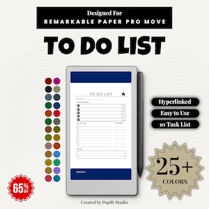 Puede incluir: Una lista de tareas digital que se muestra en una tableta con un lápiz óptico. La pantalla muestra una lista de verificación con un encabezado azul y el texto "TO DO LIST". El texto adicional incluye "Hyperlinked", "Easy to Use" y "10 Task List". También se ve una paleta de colores y una insignia de "65% off".