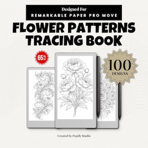 May include: Three digital tablets showing flower patterns for tracing. The text reads "FLOWER PATTERNS TRACING BOOK" and "100 DESIGNS". A red sticker indicates a 65% discount. Styluses are included. The product is designed for Remarkable Paper Pro Move.
