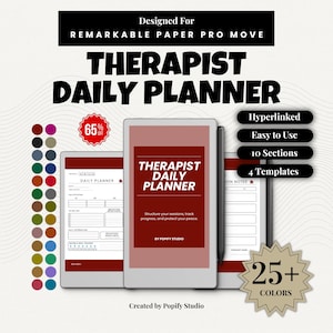 May include: A digital therapist daily planner with a red and white design, featuring the text "THERAPIST DAILY PLANNER." The image includes a stylus, color swatches, and text indicating it is hyperlinked, easy to use, and has 10 sections and 4 templates.