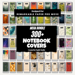 Puede incluir: Una colección de portadas de cuadernos digitales diseñadas para Remarkable Paper Pro Move. La imagen muestra un mega paquete de más de 300 portadas de cuadernos con varios diseños, incluyendo paisajes, patrones e ilustraciones. El texto "MEGA BUNDLE 300+ NOTEBOOK COVERS" es visible.