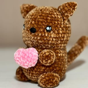 Crochet Plush Cat with Heart – Handmade Velvet Toy. Funny gift. Handmade soft Cat with Heart.