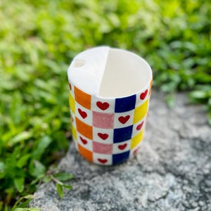 Customize Colorful plaid love heart Travel Stoneware Mugs,Hand Ceramic Coffee Mug,Minimalist To-go Cup,Rustic Sip Mug,Travel Cup,Best Gift