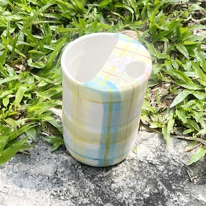 Customize stripe Flowers Travel Stoneware Tumbler,Hand Ceramic Coffee Mug,Minimalist To-go Cup,Hand-painted Pottery Travel Mug,Sip Mug,Gifts