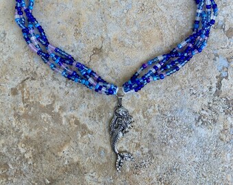 Braided Ocean Blue Sea Glass Seed Bead Necklace with Silver Mermaid Pendant