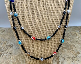 Sterling Silver Seed Bead Evil Eye Long Necklace