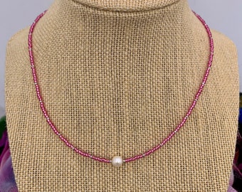 Tiny Pink and Silver Seed Bead and Freshwater Pearl Seed Bead Choker