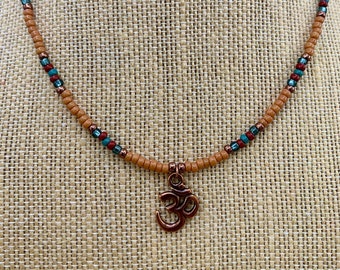 Antique Copper Seed Bead Om Choker Necklace -  Adjustable Length