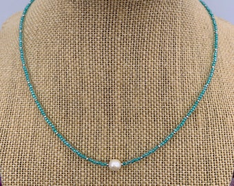 Tiny Seawater Blue and Silver Seed Bead and Freshwater Pearl Seed Bead Choker