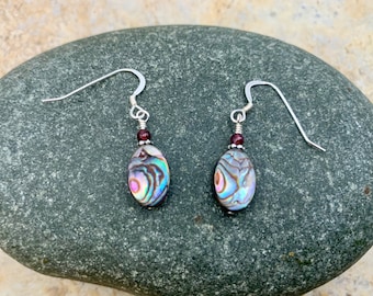 Genuine Abalone Shell and Garnet Sterling Silver Earrings