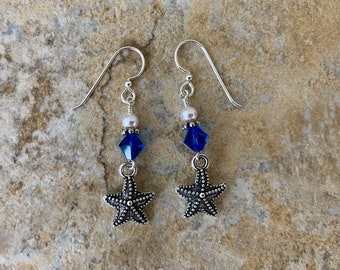 Crystal and Pearl Silver Starfish Dangle Earrings
