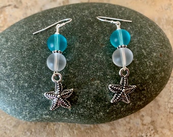 Cultured Sea Glass Silver Starfish Earrings