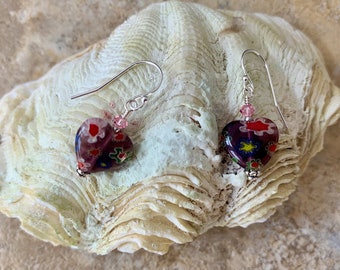 Purple Millefiori Glass Heart Earrings