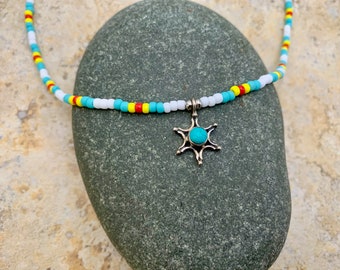 Sterling Silver Seed Bead Turquoise Star Choker Necklace -  Adjustable Length