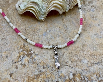 Sterling Silver Pink and White Seed Bead Mix Goddess Choker Necklace -  Adjustable Length