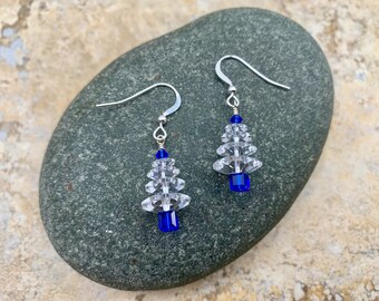 Wintry Blue & Silver Christmas Tree Earrings