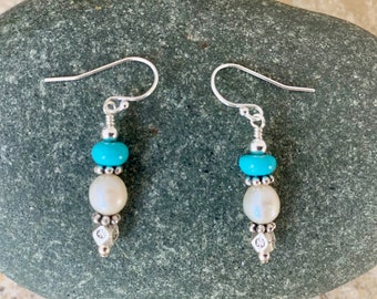 Freshwater Pearl and Turquoise Hill Tribe Silver Earrings