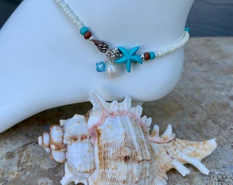 Turquoise Starfish Boho Seed Bead Ankle Bracelet with Swarovski Crystal and Freshwater Pearl