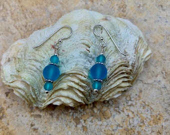 Synthetic Sea Glass & Silver Beaded Earrings