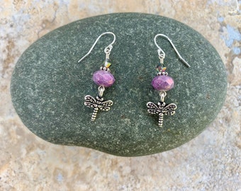 Silver Dragonfly Earrings with Purple Czech Glass and Swarovski Crystals