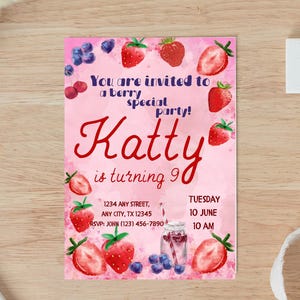 Berry Birthday Invitation Party Strawberry Instant Digital Aquarelle Red Pink Editable