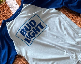 Bud Light Raglan Baseball Tee – Retro Style Blue & White 3/4 Sleeve Shir