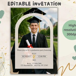 Modèle d'invitation de remise des diplômes élégant - invitation photo modifiable sur invitation moderne arche de remise des diplômes - promotion 2025 imprimable téléchargement numérique