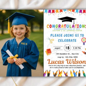 Faire-part de fin d'études préscolaire - certificat d'obtention du diplôme de maternelle modifiable - modèle photo promotion 2025 - carte de félicitations préscolaire