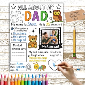 Alles über meinen Vater zum Ausdrucken – DIY Vatertag Färbung Karte Aktivität – Lustige Fragebogen Papa Geschenk von Kindern – Füllen Sie das leere Arbeitsblatt aus