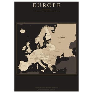 May include: A vertical wall poster featuring a political map of Europe in beige against a black background. The text reads EUROPE, POLITICAL MAP - COUNTRIES AND CAPITALS, and LAMBERT AZIMUTHAL EQUAL-AREA PROJECTION. Country names and borders are visible.