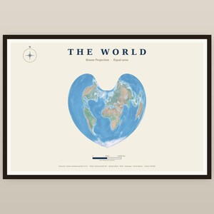 Heart World Map with Compass Print | Bonne Projection Navy & Gold Wall Art | Romantic Travel Couple Gift | Digital Download