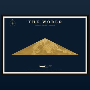 May include: A rectangular wall art print featuring a gold-colored world map in a Collignon projection against a dark navy blue background. The text reads THE WORLD, Collignon Projection, Equal-area, with a compass rose and a scale bar included.